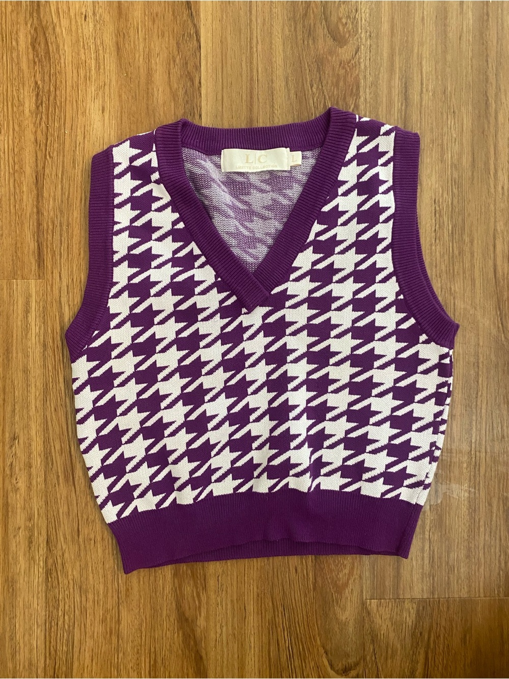 LC Lauren Conrad Purple and White Houndstooth V-Neck Sweater Vest